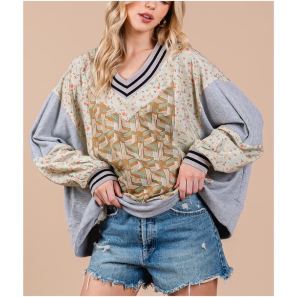 Ces Femme Tops - Ces Femme Cozy Floral Print V neck Cotton Oversized Long Sleeve Top